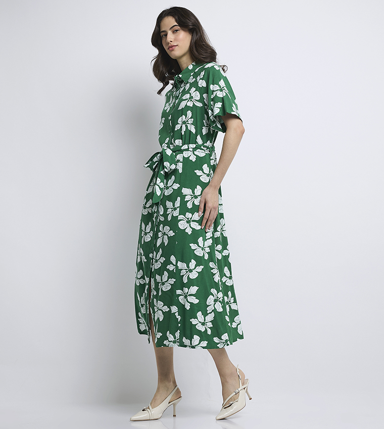 Printed Short Sleeves Midi Shirt Dress