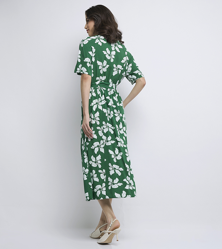 Printed Short Sleeves Midi Shirt Dress