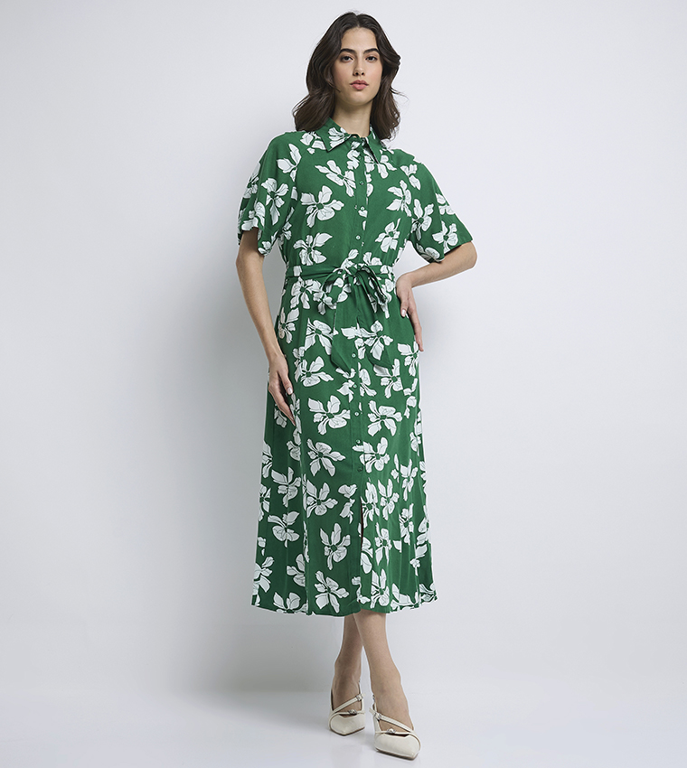 Printed Short Sleeves Midi Shirt Dress