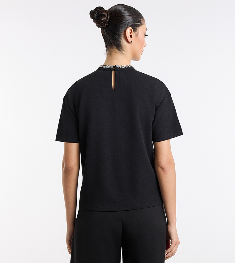 Embellished Mock Neck Short Sleeves Top