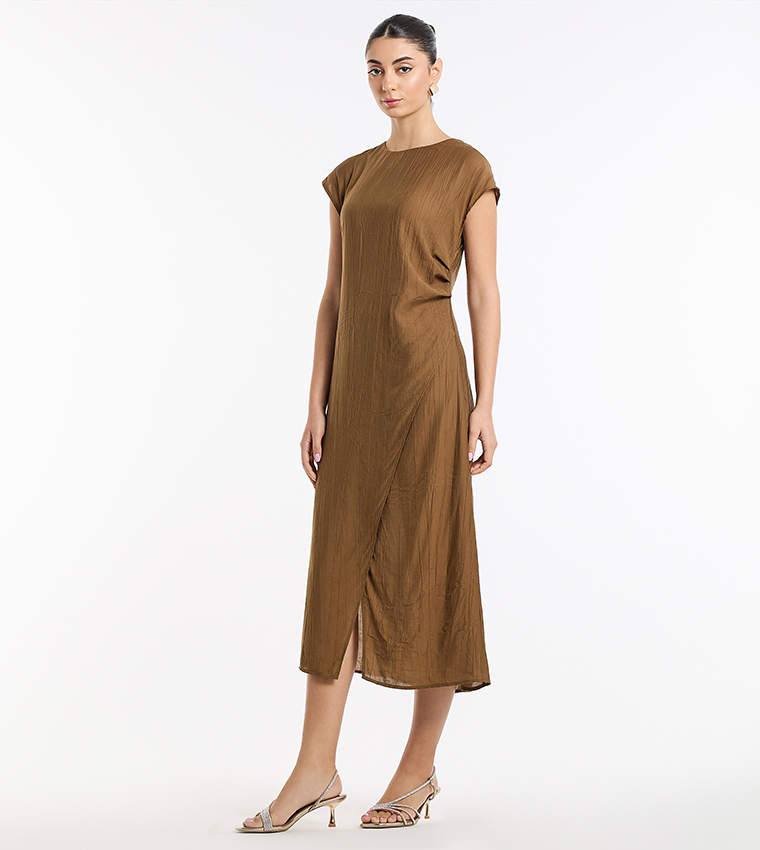 Textured Cap Sleeves Midi Dress