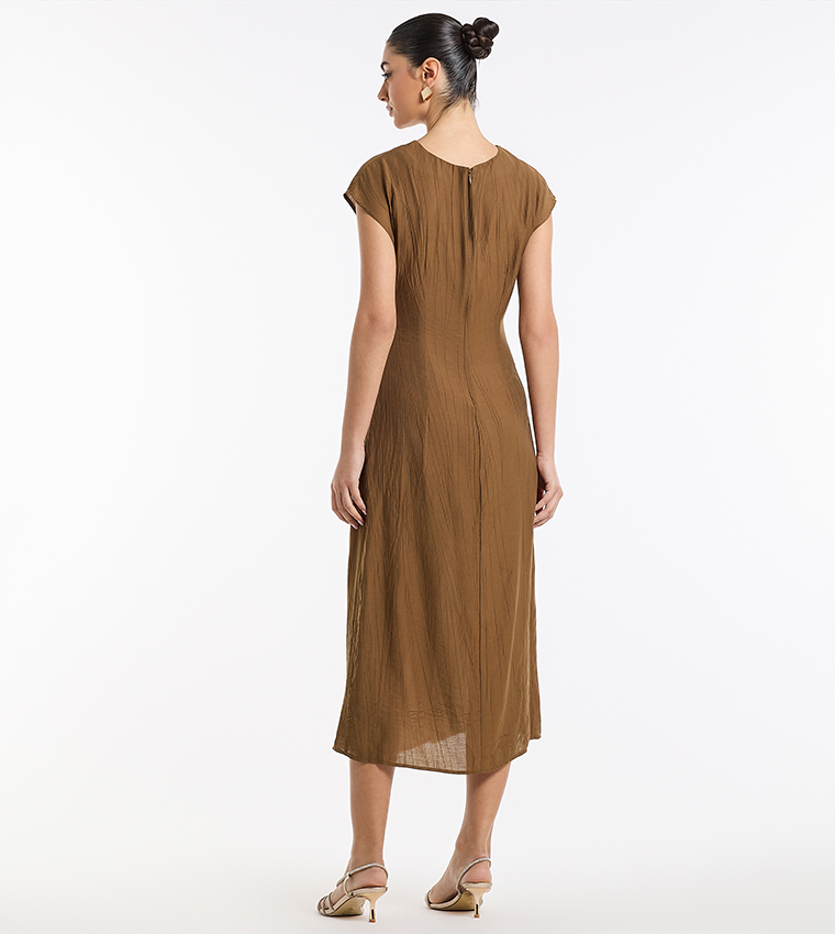 Textured Cap Sleeves Midi Dress