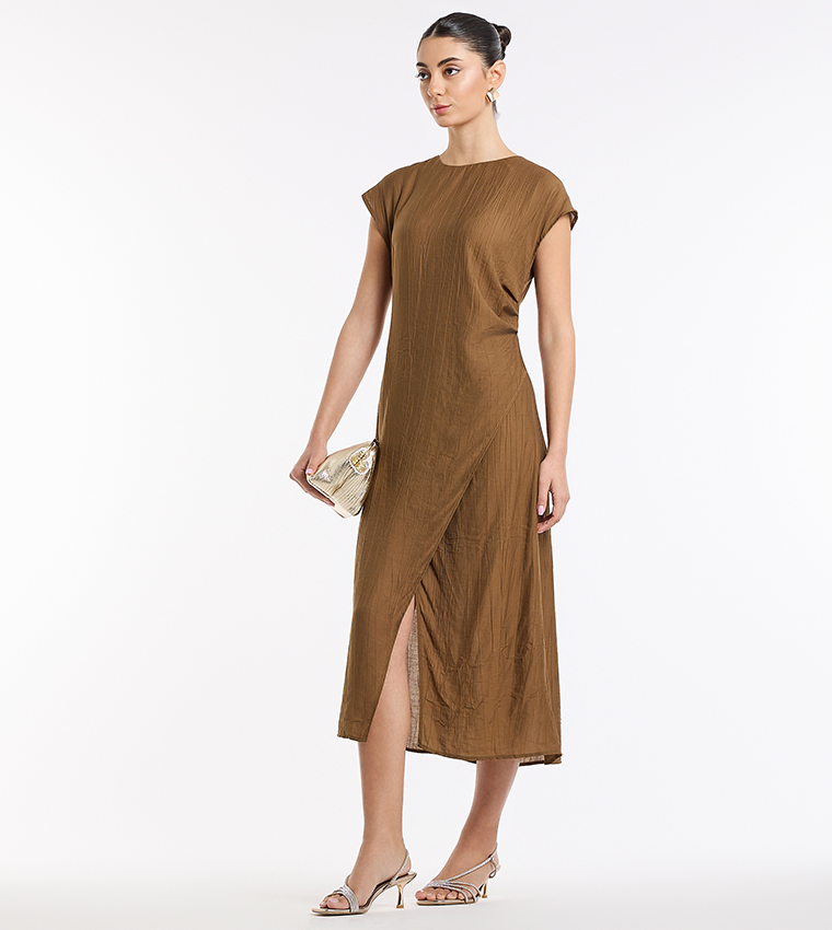 Textured Cap Sleeves Midi Dress