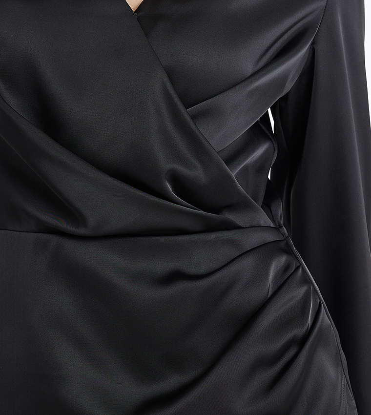 Satin Long Sleeves Wrap Mini Dress