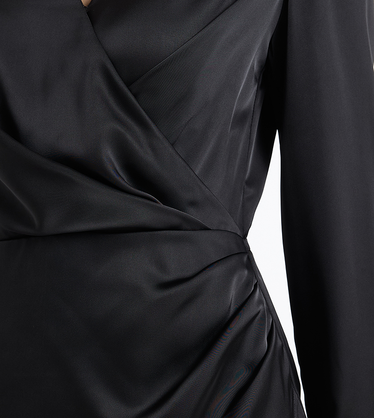 Satin Long Sleeves Wrap Mini Dress