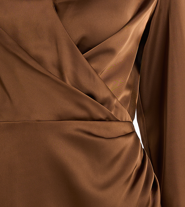 Satin Long Sleeves Wrap Mini Dress