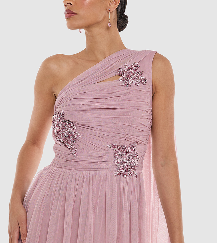 Embellished One Shoulder Maxi Dress