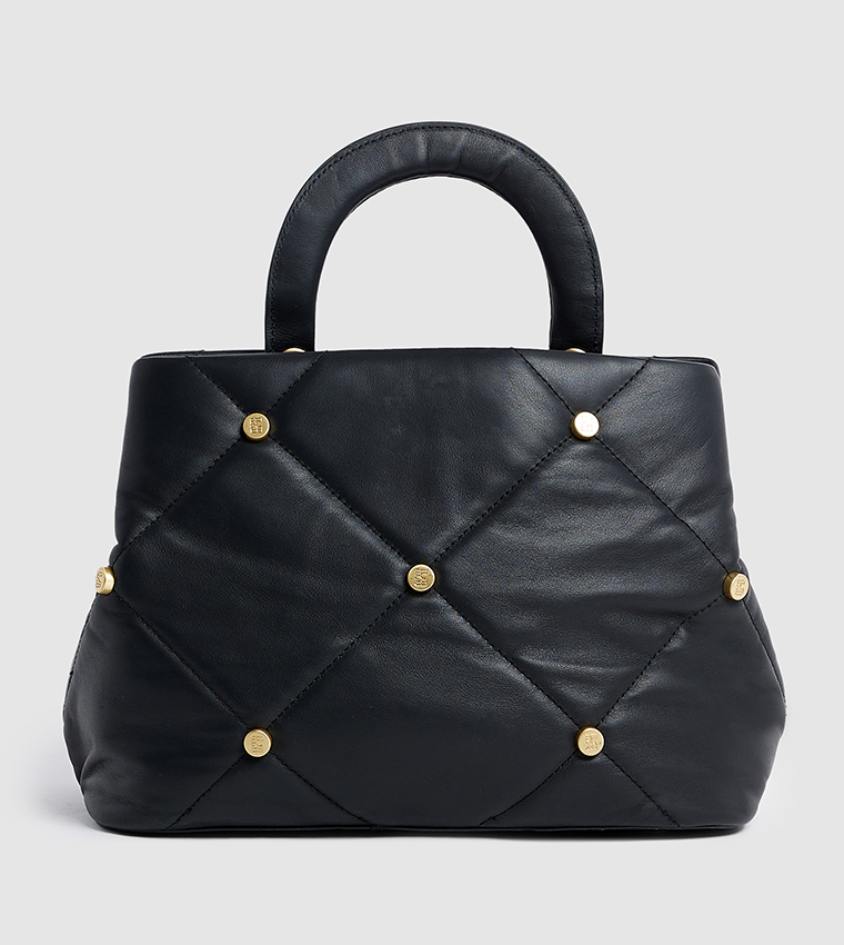 Genuine Leather Studded Satchel Bag