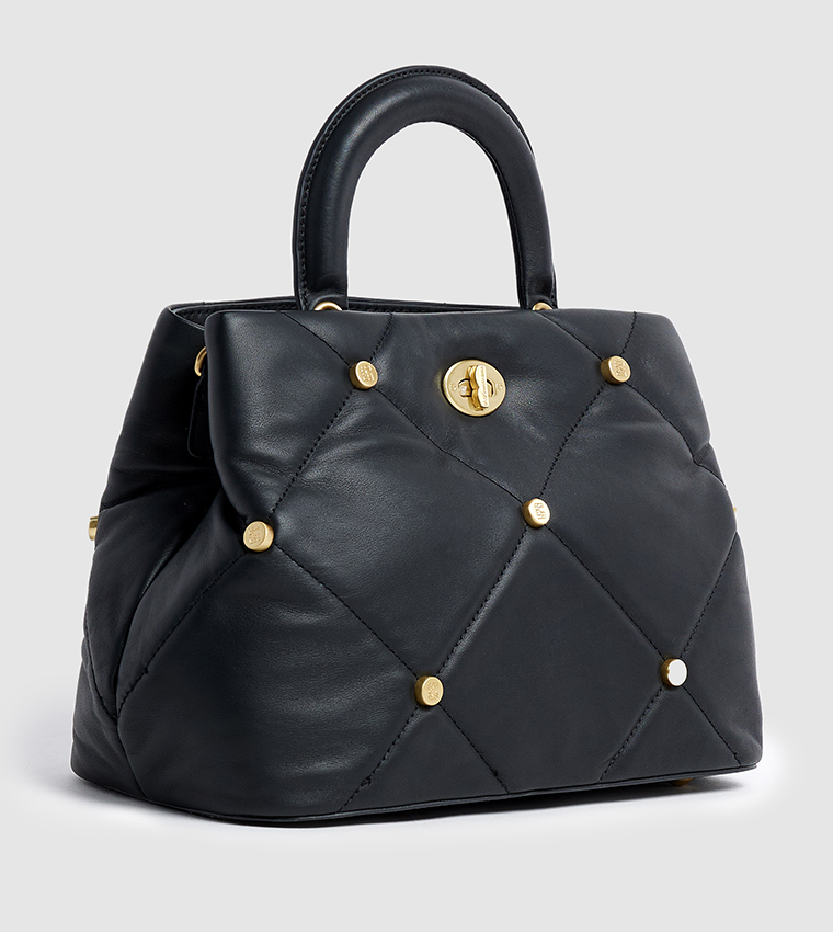 Genuine Leather Studded Satchel Bag