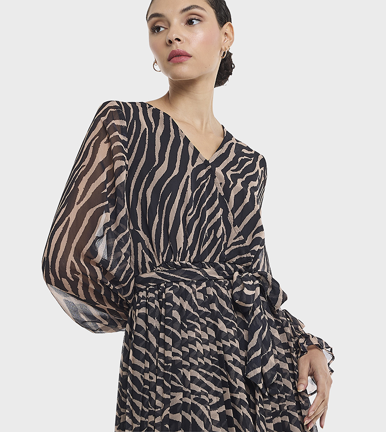 Zebra Patterned V-Neck Midi Dress