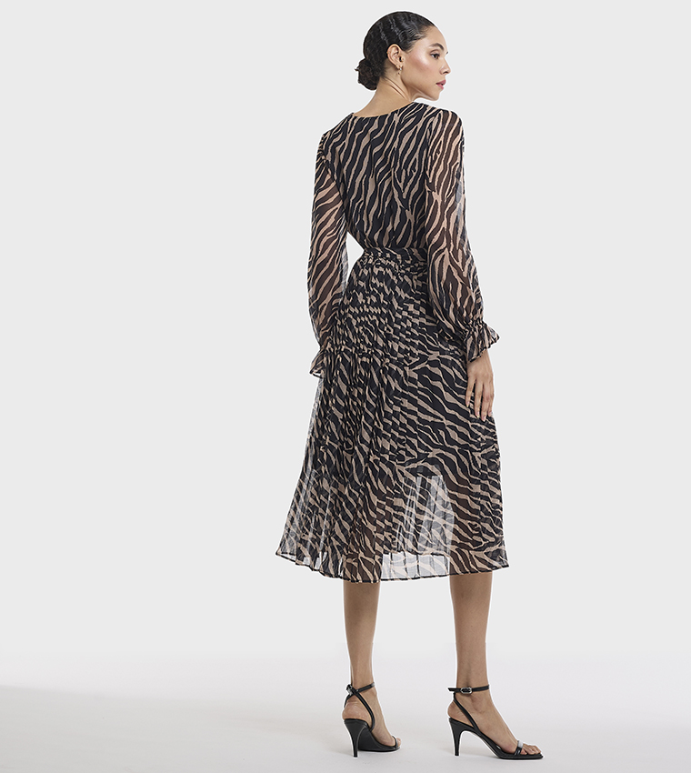 Zebra Patterned V-Neck Midi Dress