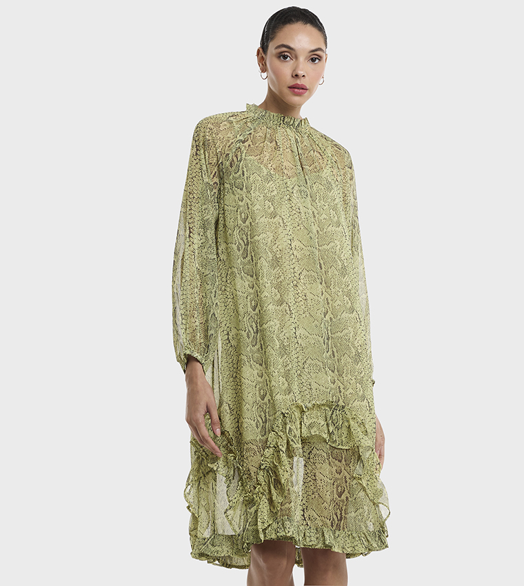 Snakeskin Print Tiered Midi Dress