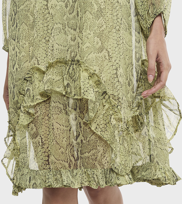 Snakeskin Print Tiered Midi Dress