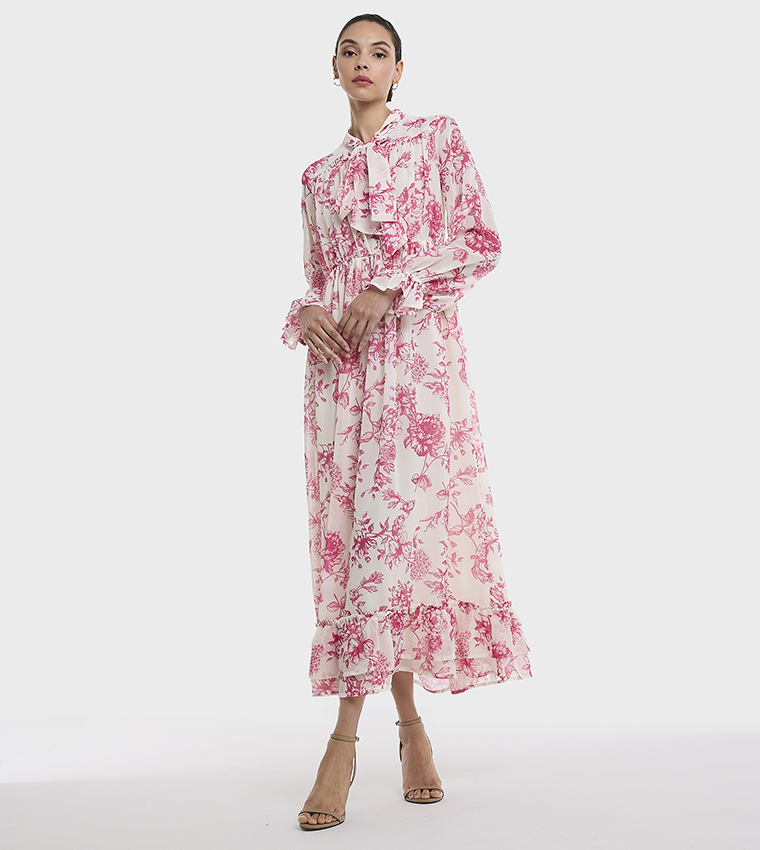 Patterned Tie-Up Neck Maxi Dress