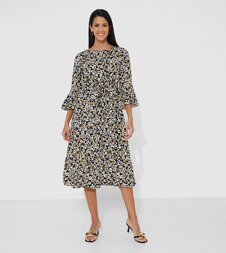 Buy HIS & HERS Printed A Line Midi Dress In Black | 6thStreet UAE