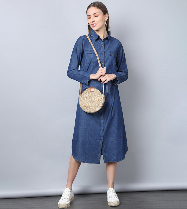 Buy His And Hers Casual Belted Denim Shirt Dress In Blue 6thstreet Qatar