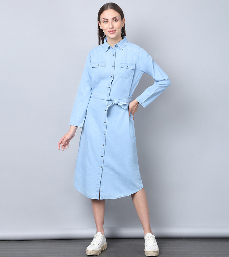 Blue Distressed Belted Denim Shirt Dress - Whitney