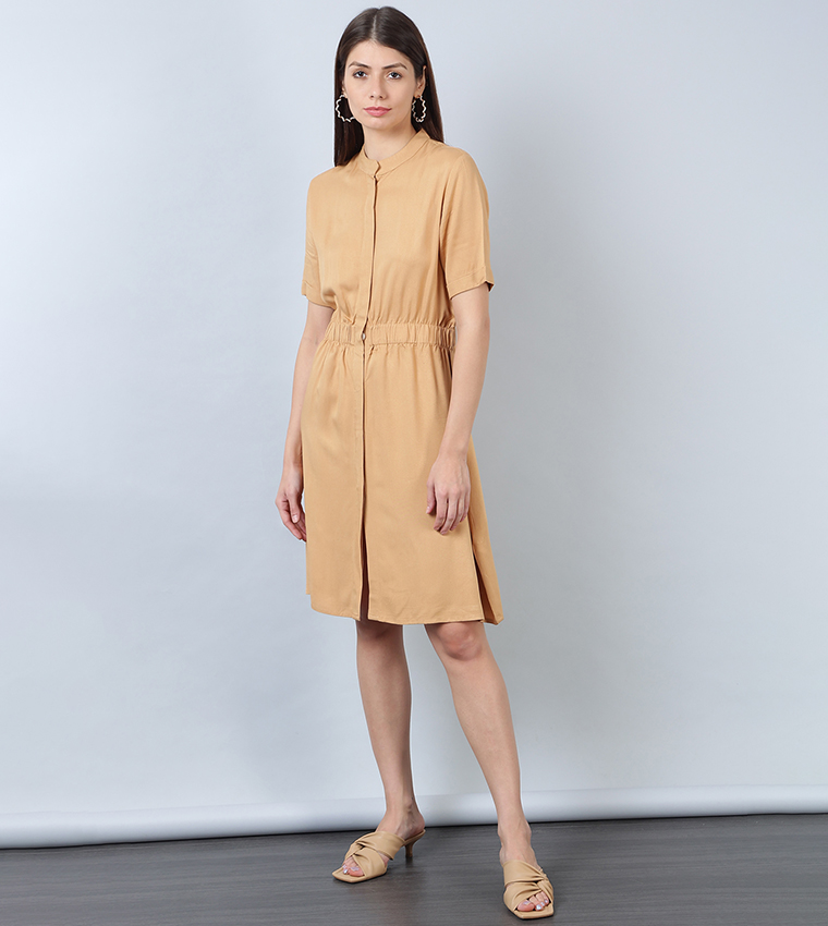 Buy HIS & HERS Mandarin Collar Casual Shirt Dress In Beige