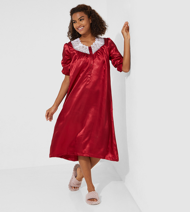 Buy HIS & HERS Satin Midi Night Gown In Red