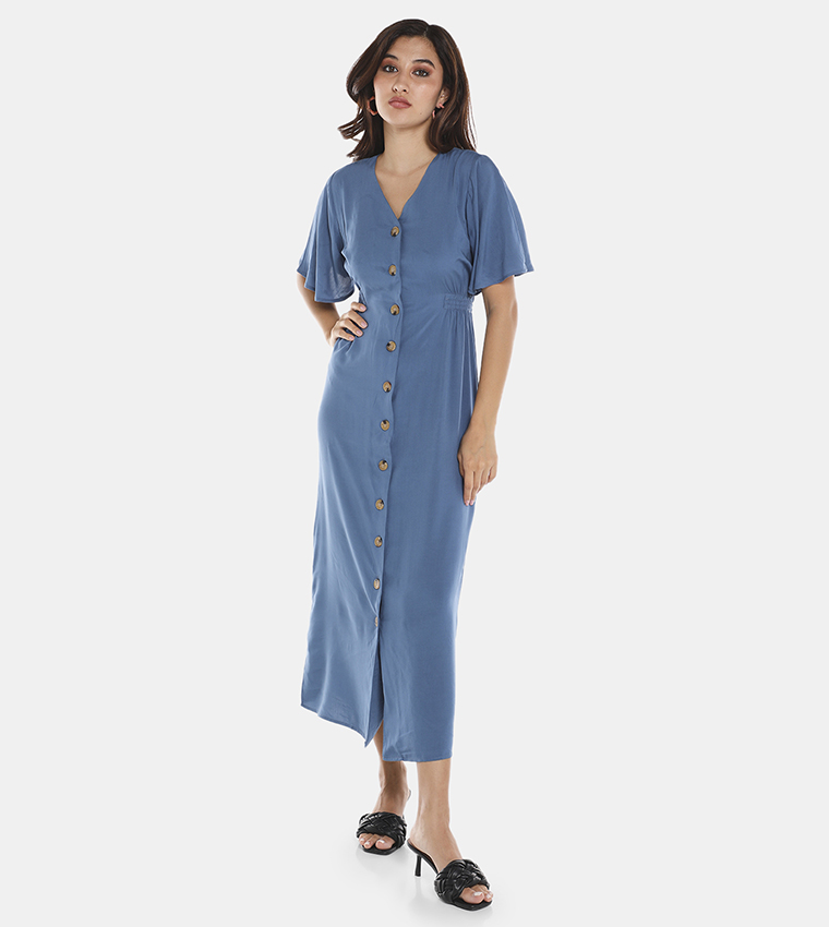 Buy HIS & HERS Woven Solid Midi Dress In Blue | 6thStreet Qatar