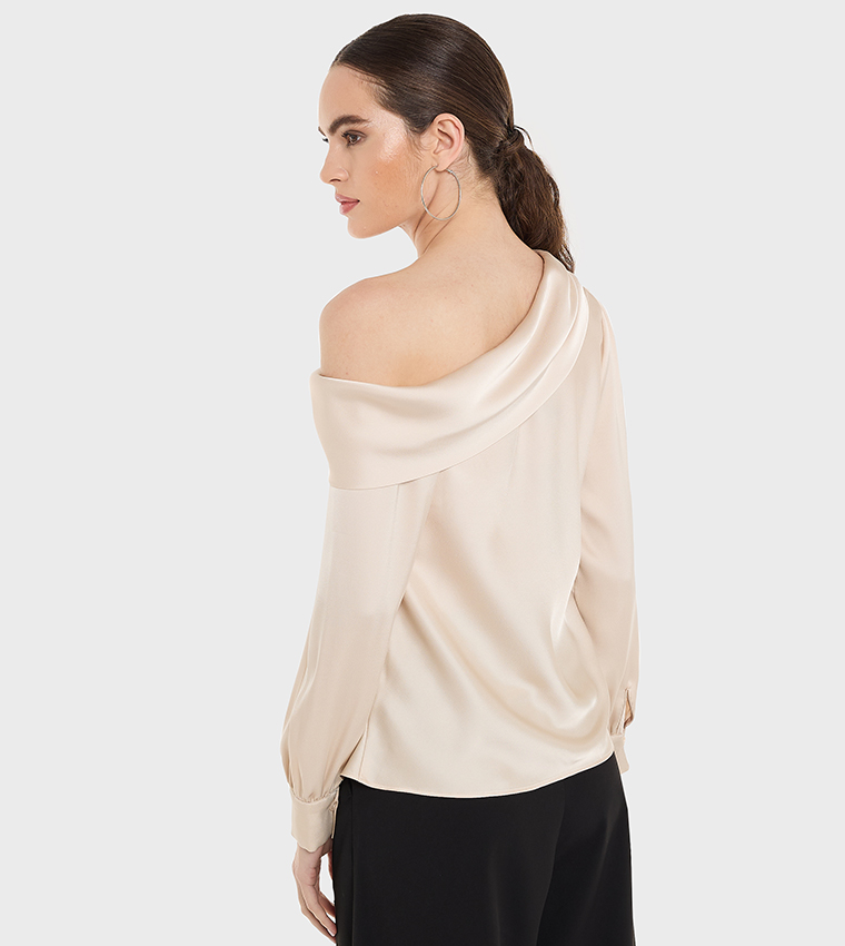 Draped Asymmetric Neck Satin Top