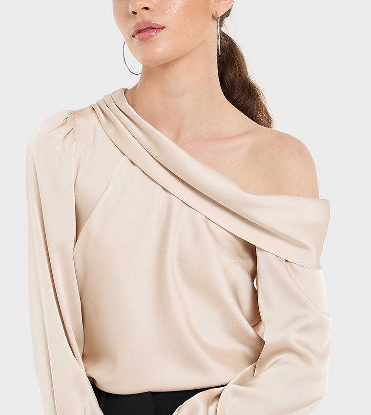 Draped Asymmetric Neck Satin Top