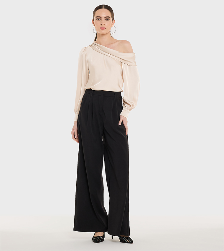 Draped Asymmetric Neck Satin Top