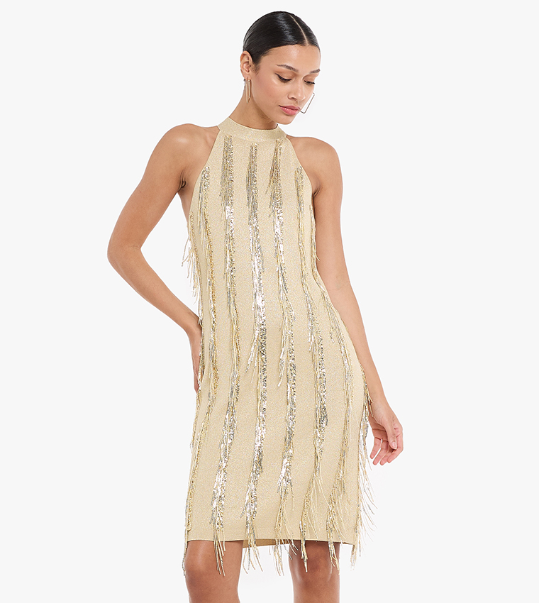Buy BCBG Fringed Halterneck Mini Party Dress In Gold | 6thstreet Bahrain