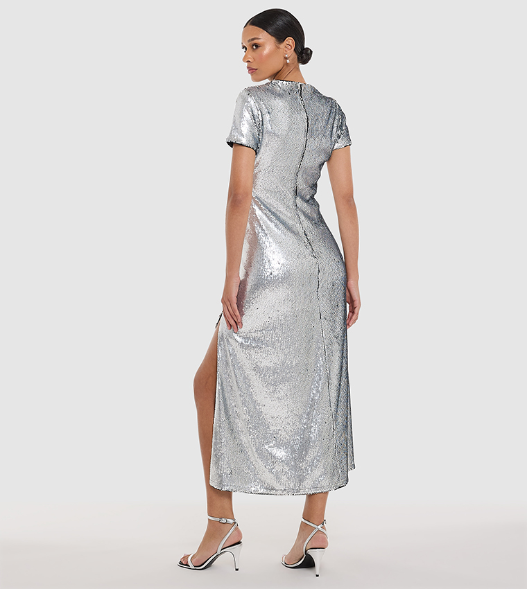 Sequined Short Sleeves Slit Midaxi Dress