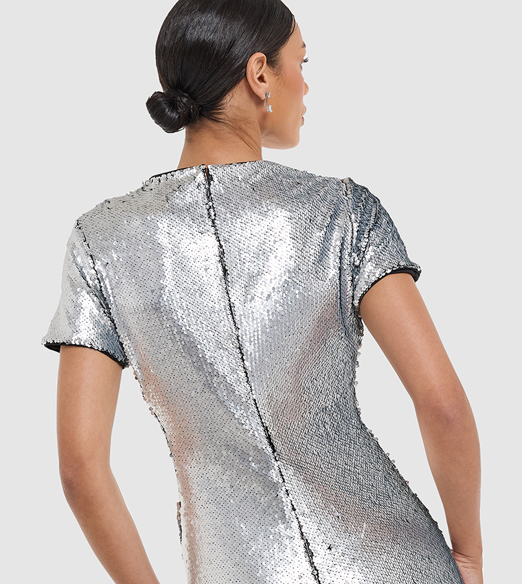 Sequined Short Sleeves Slit Midaxi Dress