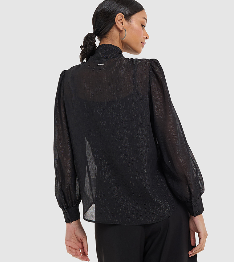 Bow Detail Long Sleeves Sheer Top