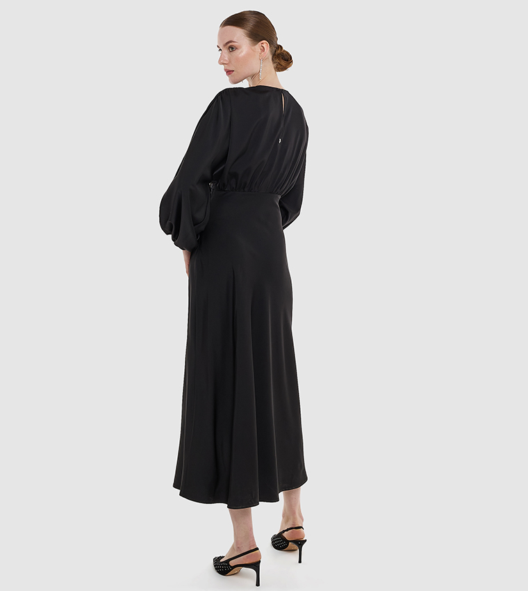 Draped V-Neck Satin Midi Dress