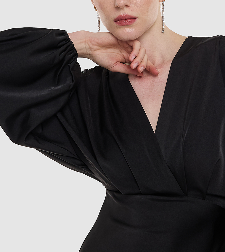 Draped V-Neck Satin Midi Dress