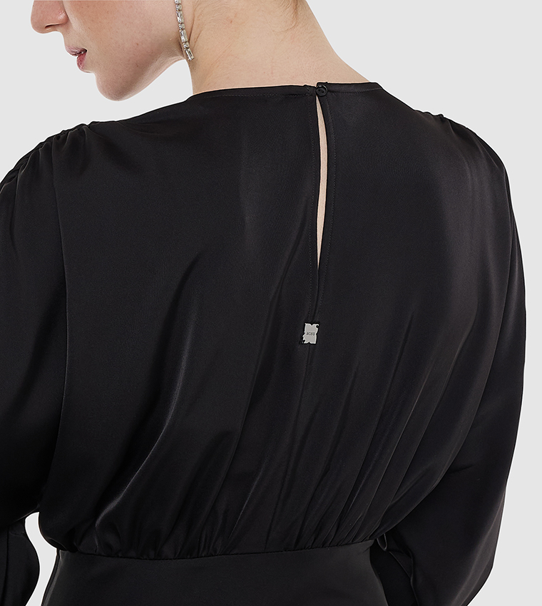Draped V-Neck Satin Midi Dress