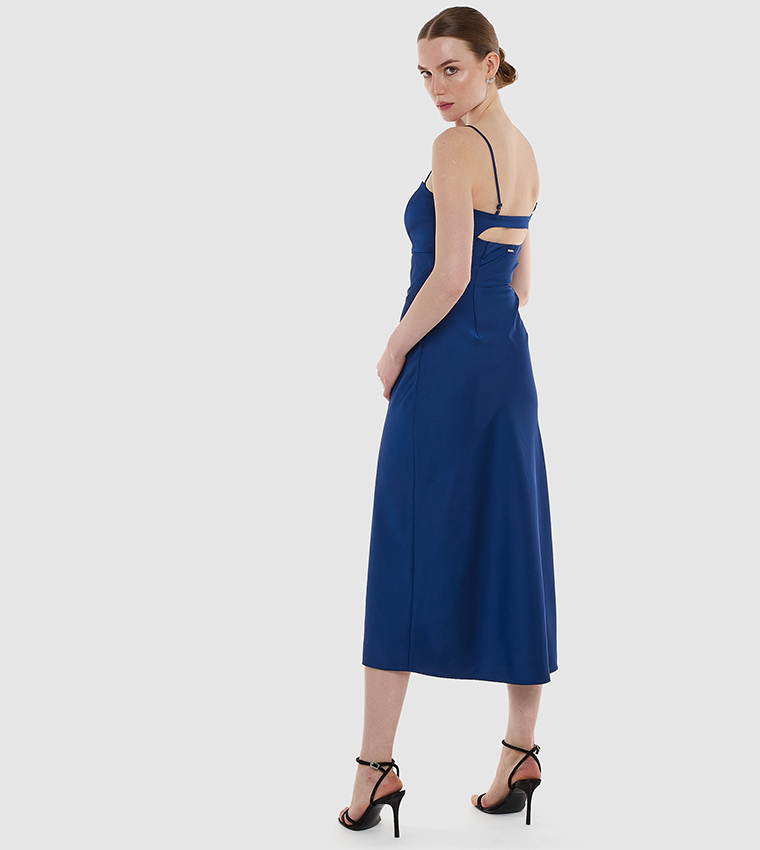 Solid Strappy Satin Midi Dress