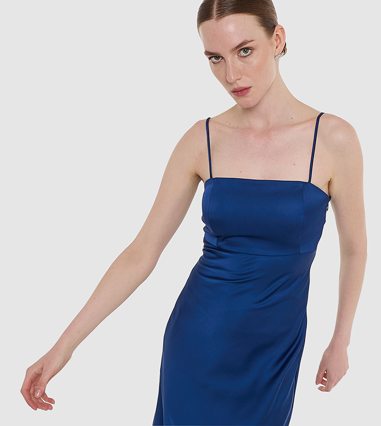 Solid Strappy Satin Midi Dress