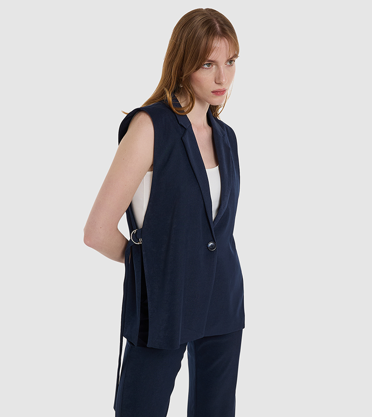 Belted Lapel Collar Sleeveless Blazer