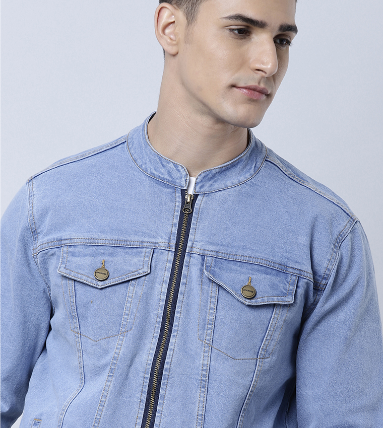 Buy HIS HERS Mandarin Collar Denim Jacket In Blue 6thStreet Qatar