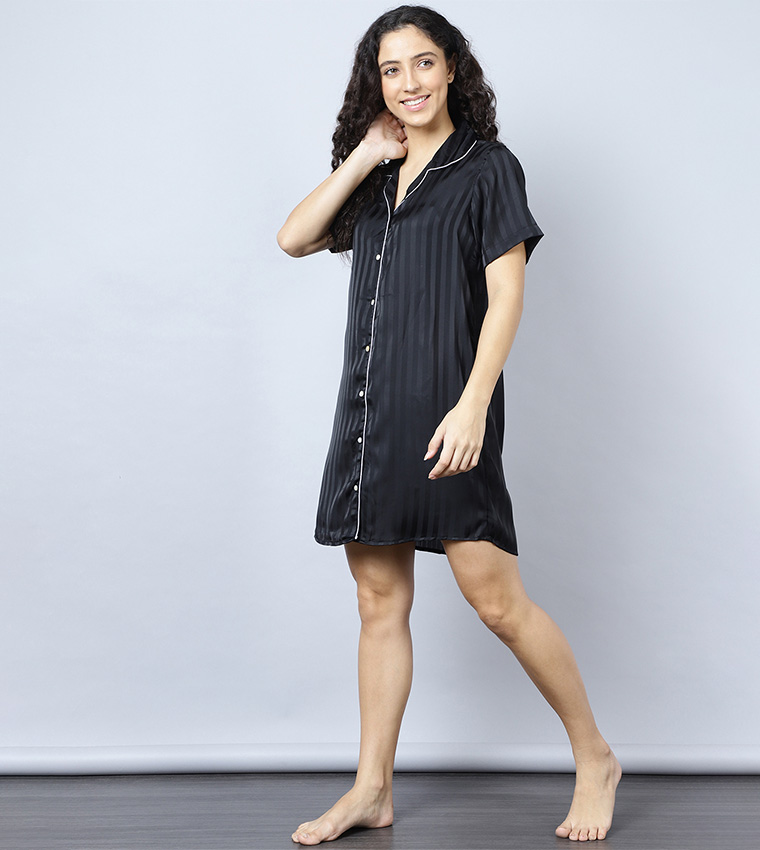 Buy HIS & HERS Self Stripe Night Gown In Black 6thStreet Qatar