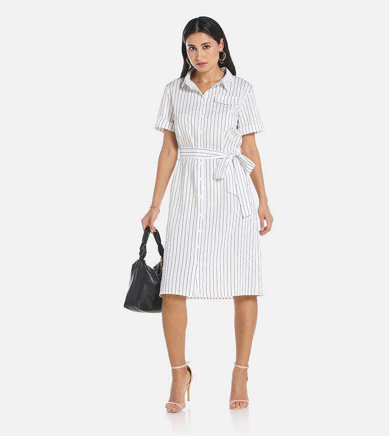 Belted Midi Shirt Dress in White