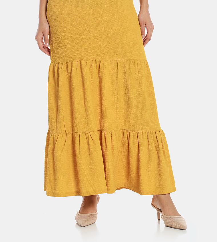 Buy HIS & HERS Solid Casual Tiered Maxi Skirt In Yellow 6thStreet Qatar