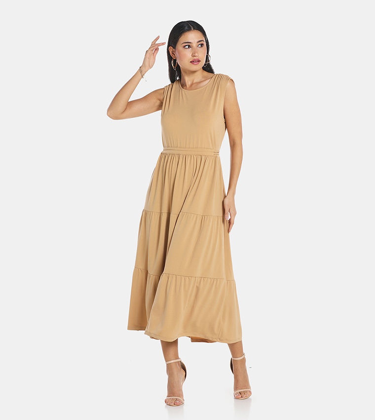 Buy HIS & HERS Casual Tiered Midi Dress In Beige | 6thstreet Qatar