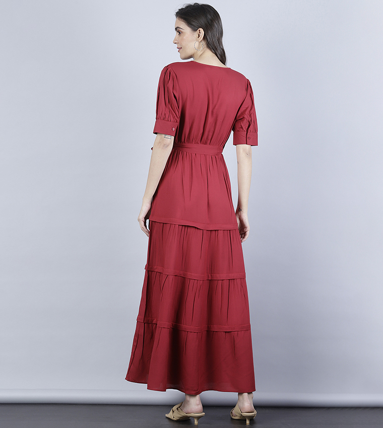 Buy HIS HERS Solid Tiered Maxi Dress In Burgundy 6thStreet Kuwait