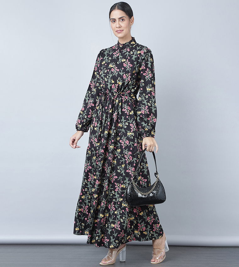 Printed Mandarin Collar Maxi Dress