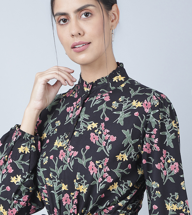 Printed Mandarin Collar Maxi Dress