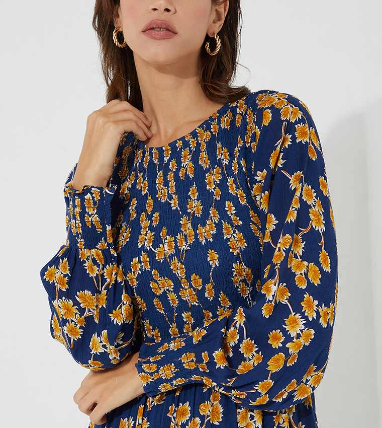 Buy HIS & HERS Floral Printed Boat Neck Flared Dress In Multiple Colors