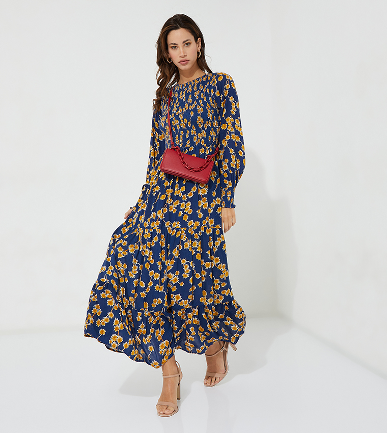Buy HIS & HERS Floral Printed Boat Neck Flared Dress In Multiple Colors