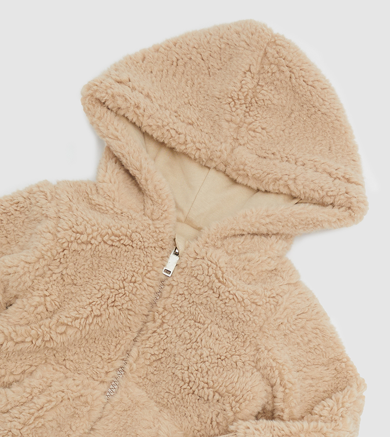 Borg Fleece Front Open Hooded Jacket
