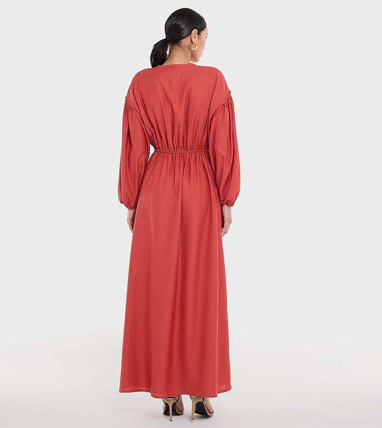 Ruched Waist Long Sleeves Maxi Dress