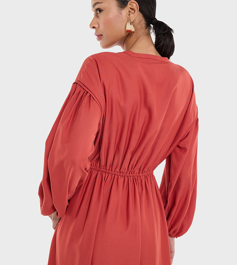 Buy BCBG Ruched Waist Long Sleeves Maxi Dress In Red 6thStreet UAE